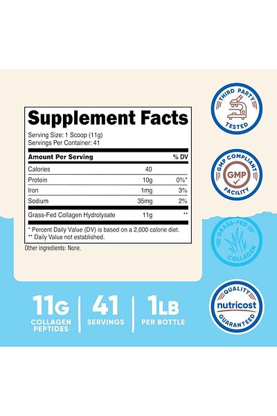 Nutricost Collagen(Kolajen) Peptides Powder (454 g) Grass Fed Bovine Collagen Hydrolysate