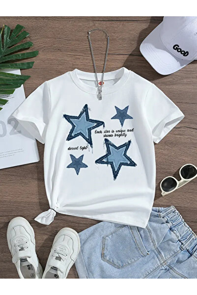 SVART WEAR Yıldız Desenli Baskılı Kız Çocuk %100 Pamuk Tshirt Tişört