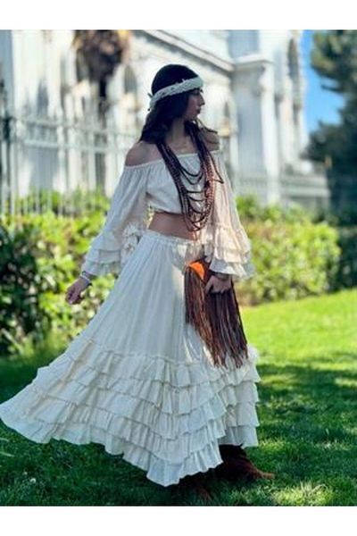 EREN STYLE Set bluză-fustă fără bretele în stil boem, spaniolă, faniță