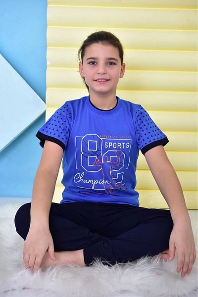 Yağmur Giyim Kapi̇p Saks Blue 82 Sport Printed Short Sleeve Boy Pajama Set 11-15 Years 5046-S
