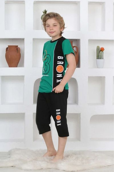 Yağmur Giyim Kapip Green Basketball Printed Short Sleeve Capri Boys Pajamas Set 11-15 Years 5104-Y