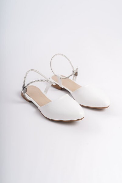 Joy Ayakkabı Ariana elastic orthopedic comfortable sole ankle stone detailed women's flat shoes ckt - white