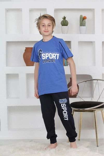 Yağmur Giyim Kapi̇p Blue Sport Printed Short Sleeve Boy's Pajama Set 11-15 Years 5093-m