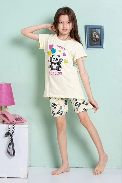 Yağmur Giyim Elmkp Yellow Panda Pattern Girls' Pajamas Set with Shorts 3-10 Years 4204