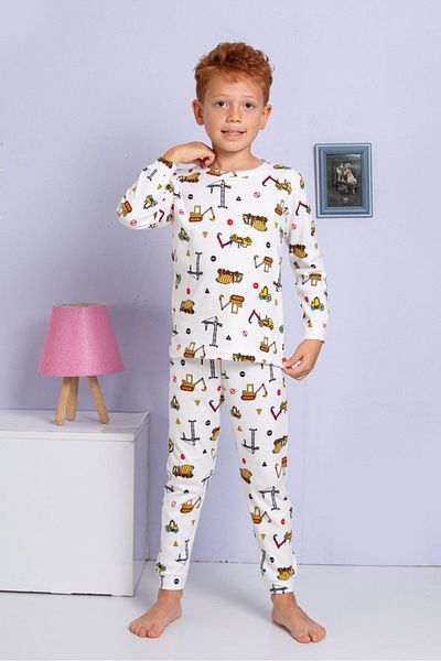 Yağmur Giyim Elmp Ecru Work Machine Patterned 100% Cotton Boys Pajamas Set 9-13 Years 3058/913