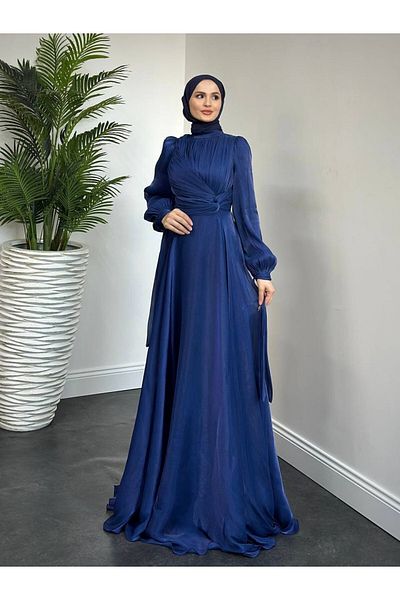 Modamorfo Μακρύ φόρεμα Janjan Chiffon με μανίκια με κορδόνια - Navy