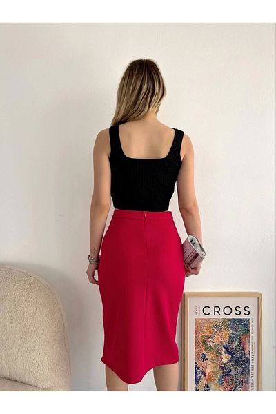 KAZAX Slit Flexible Fabric Midi Length Skirt Dark Red