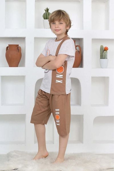 Yağmur Giyim Kapi̇p Brown Basketball Printed Short Sleeve Capri Boys Pajama Set 11-15 Years 5104-K
