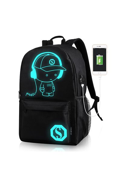 ENAR Anti-Theft Student School Bag Anime Luminous Usb Charge Laptop Computer Backpack Black