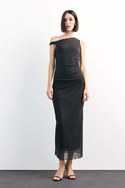 DeFacto Polka Dot Tulle One Shoulder Maxi Dress F9355Ax25Sm