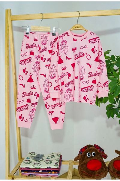 Yağmur Giyim Isob Pink Barbie Patterned 100% Cotton Girls Pajamas Set 8-12 Years 11305-P