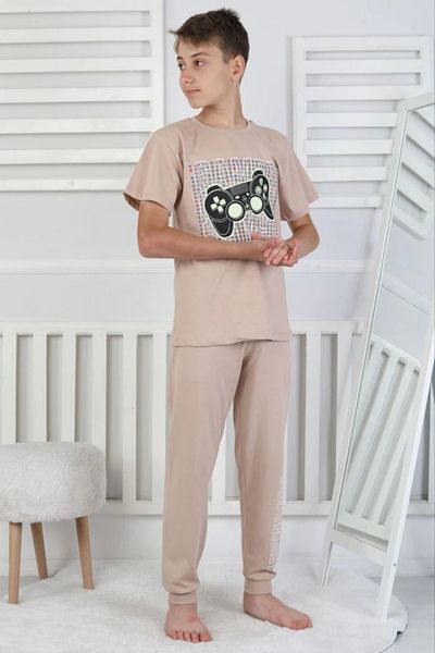 Yağmur Giyim Isob Beige Atary Patterned 100% Cotton Short Sleeve Boys Pajamas Set 8-13 Years 41517-Be