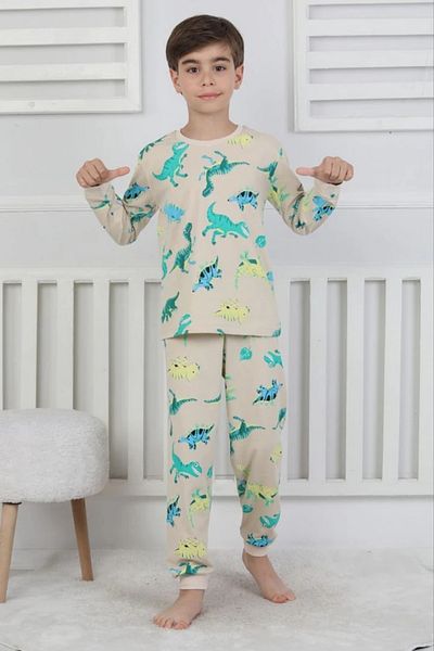 Yağmur Giyim Isob Beige Dinosaur Pattern 100% Cotton Boys Short Sleeve Pajamas Set 3-8 Years 51302-B