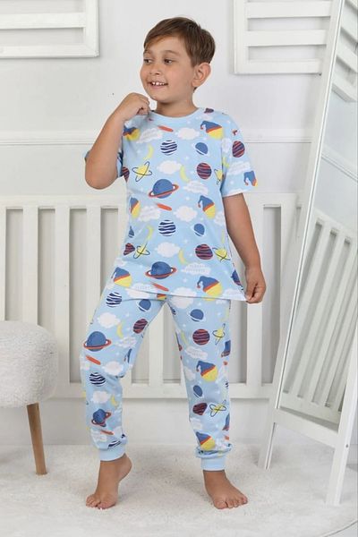 Yağmur Giyim Isob Blue Planets Patterned 100% Cotton Boys Short Sleeve Pajama Set 3-8 Years 41217-m