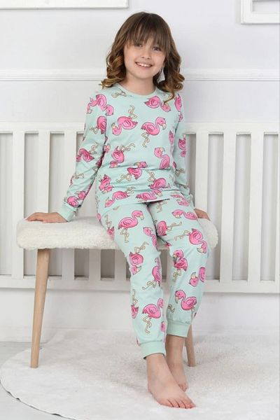 Yağmur Giyim Isob Green Flamingo Patterned 100% Cotton Girls Pajamas Set 3-8 Years 51203-Y