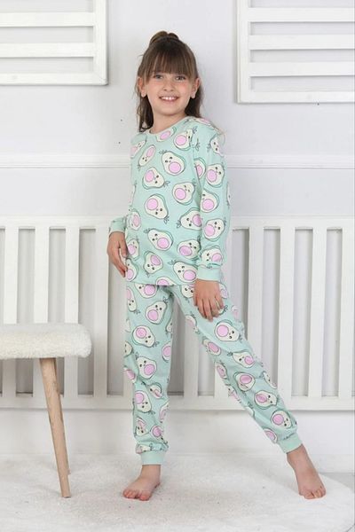 Yağmur Giyim Isob Green Avocado Patterned 100% Cotton Girls Pajamas Set 3-13 Years 51201-51402-Y