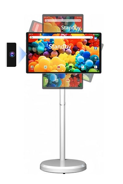FlashHawk 21.5-Inch Portable TV with Adjustable Floor Touch Screen Smart TV,Build-in Camera,128G Storage,White