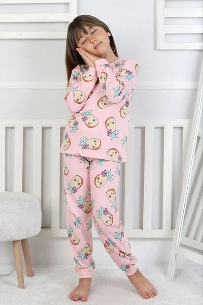Yağmur Giyim Isob Pink Pineapple Patterned 100% Cotton Girls Pajamas Set 3-13 Years 51204-51405-P
