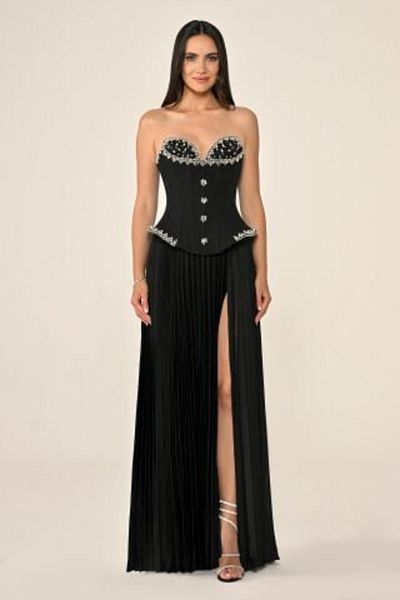 ALFABETA Strapless Jewel Top Crepe Skirt Satin Pleated Long Evening Dress