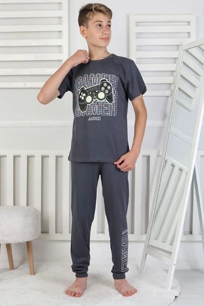 Yağmur Giyim Isob Smoked Atary Patterned 100% Cotton Short Sleeve Boys Pajamas Set 8-13 Years 41517-F