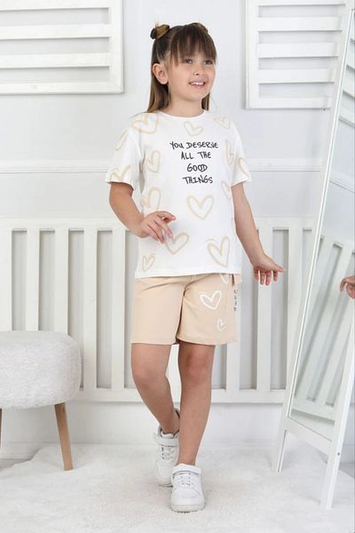 Yağmur Giyim Isob Ecru Beige Heart Patterned 100% Cotton Girls Short Sleeve 2 Thread Shorts Set 3-8 Years 33105-E