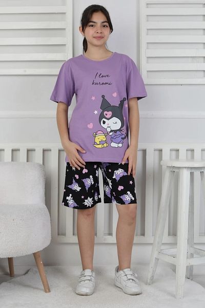 Yağmur Giyim Isob Lilac Black Kuromi Patterned 100% Cotton Girl's Short Sleeve Shorts Suit 8-13 Years 41417-L