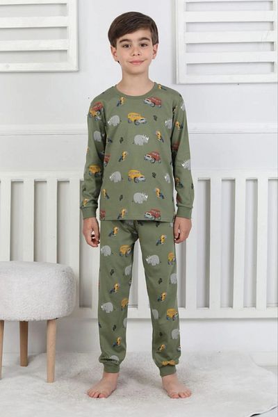 Yağmur Giyim Isob Green Safari Patterned 100% Cotton Boys Pajamas Set 3-8 Years 51301-Y