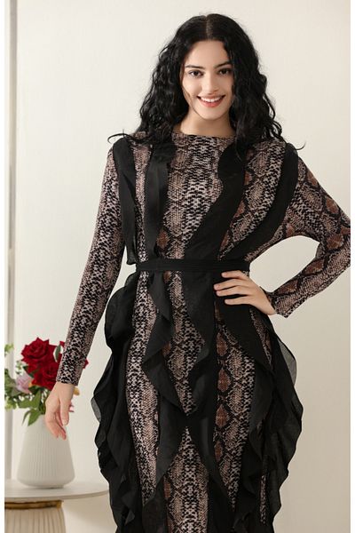 rawayie alyin Leopard evening dress with soft ruffle lines