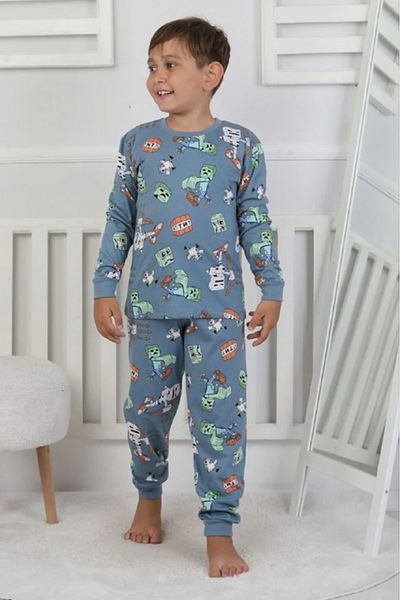 Yağmur Giyim Isob Blue Minec Patterned 100% Cotton Boys Pajama Set 3-8 Years 51305-m