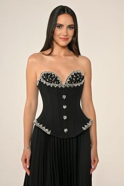 ALFABETA Strapless Jewel Top Crepe Skirt Satin Pleated Long Evening Dress