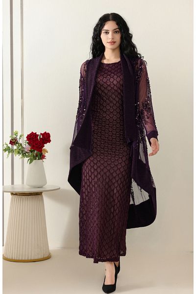 rawayie alyin Royal purple evening dress with embroidered chiffon jacket
