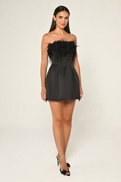ALFABETA Strapless Top Floral Accessories Matte Satin Short Evening Dress