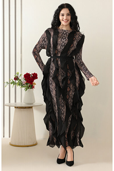 rawayie alyin Leopard evening dress with soft ruffle lines