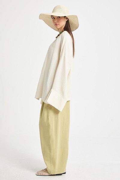 minaaise Oil Green 100% Cotton Oversize Design Trousers 29210