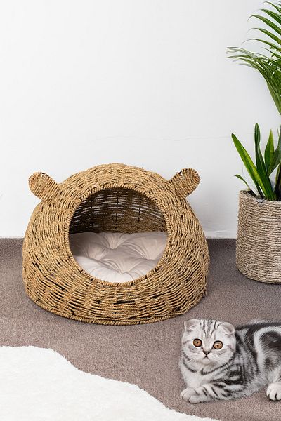 Porsima Ph49 Natural Straw Weave Cat Dog Nest Cushioned Cat Dog Bed 55X40Cm