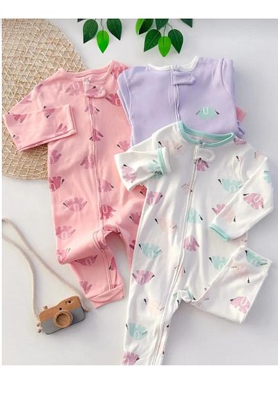 Baby Wings طقم بذلة منقوشة على شكل فيل للفتيات الصغيرات مكونة من 3 قطع 100% قطن