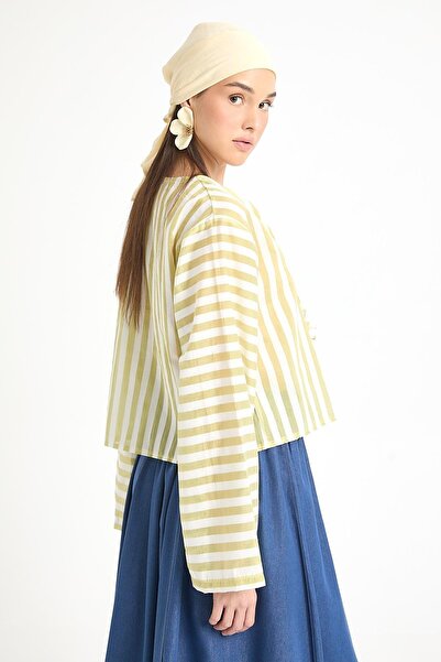 minaaise Oil Green Modal υφασμάτινη ριγέ μπλούζα με δέσιμο μπροστά 29292