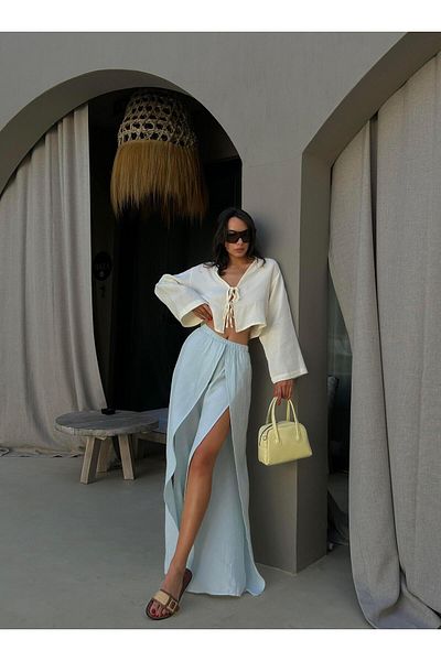 minaaise Blue Slit Detailed Muslin Trousers 29231