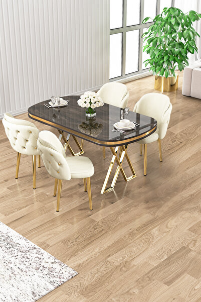 Canisa Zae Serisi 90x168 Lak Panel Antrasit Ironi Gold Ayak Masa Takımı 4 Kre...