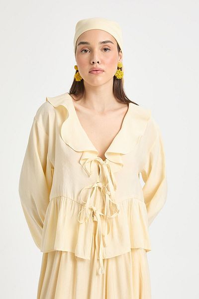 minaaise Yellow 100% Modal Ruffle Detailed Front Tie Blouse 29255