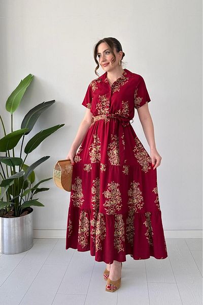 MaziButik Large Pattern Viscose Dress Burgundy
