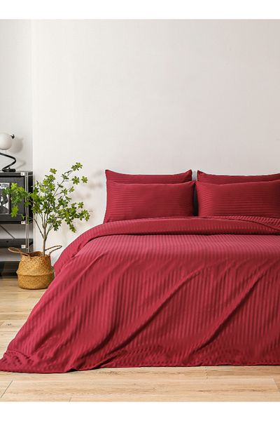 LUNA HOME طقم سرير فاخر مقاس كينج مكون من 6 قطع بدون حشو، تصميم مخطط من الساتان باللون الأحمر التوتي، 220 × 240 سم.
