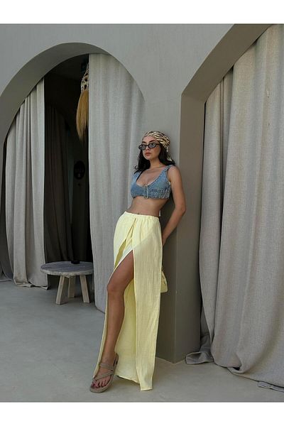 minaaise Yellow Slit Detailed Muslin Trousers 29231