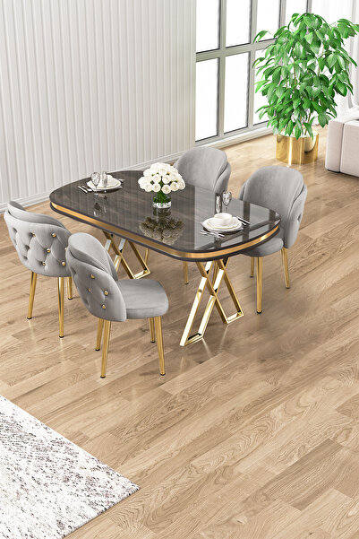 Canisa Zae Serisi 90x168 Lak Panel Antrasit Ironi Gold Ayak Masa Takımı 4 Gri Sandalye