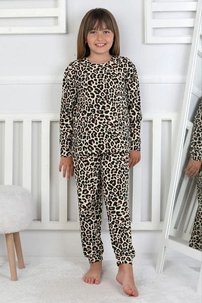 Yağmur Giyim Isob Black Leopard Patterned 100% Cotton Girls Pajamas Set 8-13 Years 51408-S