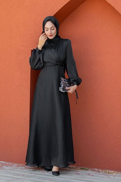 Tesettür Çarşım July Front Knot Detail Evening Dress-Black