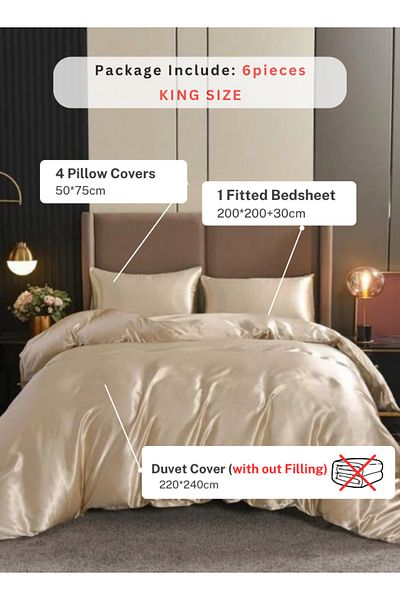 LUNA HOME Silky Satin, King Size 6-Piece Bedding Set, Plain Gold Brown Color 220x240cm.