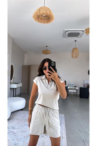 Buket Teke Beige Shorts Polo Neck Tshirt Set