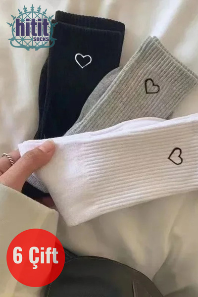 Hitit Socks Дамски 6 чифта тенис чорапи с високо качество и сърцевиден детайл, черни, бели и сиви