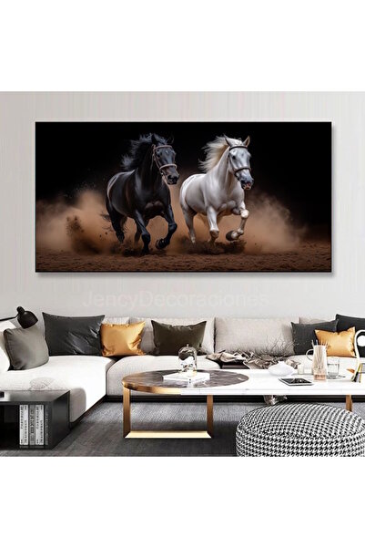 özkacar TOPRAKTA KOŞAN SİYAH BEYAZ AT KANVAS TABLO EV DUVAR SALON OFİS DÜKKAN...